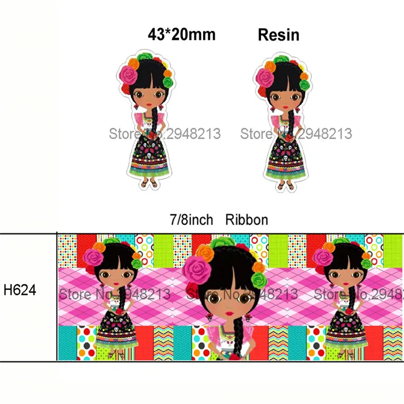 

printed cartoon girl grosgrain ribbon and resin sets 7/8inch 50yard ribbon and 50pcs resin 1 set REB02