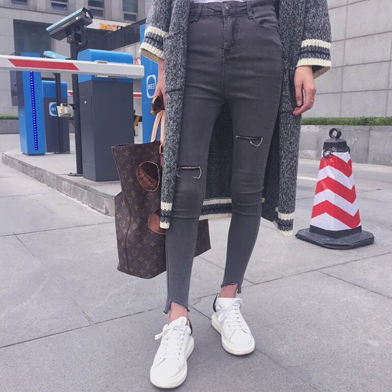 

Fashion Women High Waist Ripped Jeans Solid Skinny Denim Pencil Pants Casual Gray Vintage Slim Jean Trousers With Holes KZ179-S
