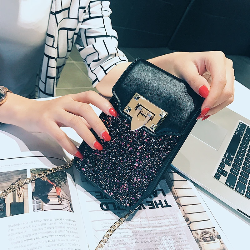 

Mobile phone bag female Messenger bag fashion casual sequins chain bag vertical models mini bag tide