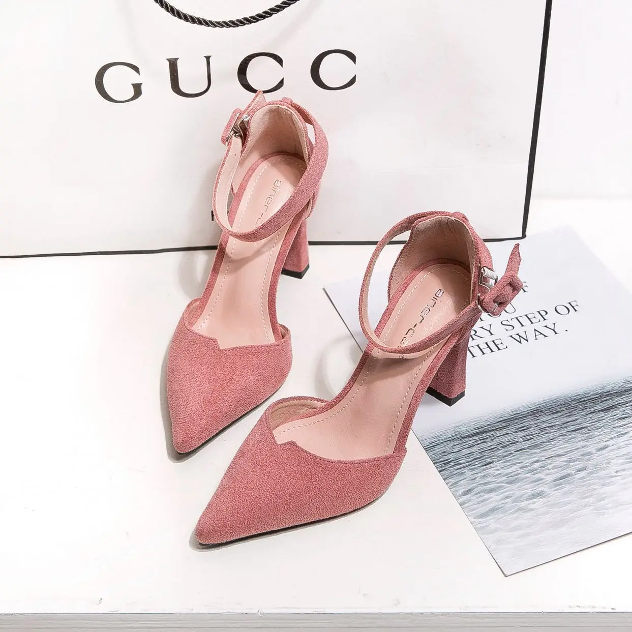 

Sweet Brand Women Shoes Woman Pumps Summer Basic Flock Buckle Pointed Toe Square Heel Sexy Shallow Leisure A863A