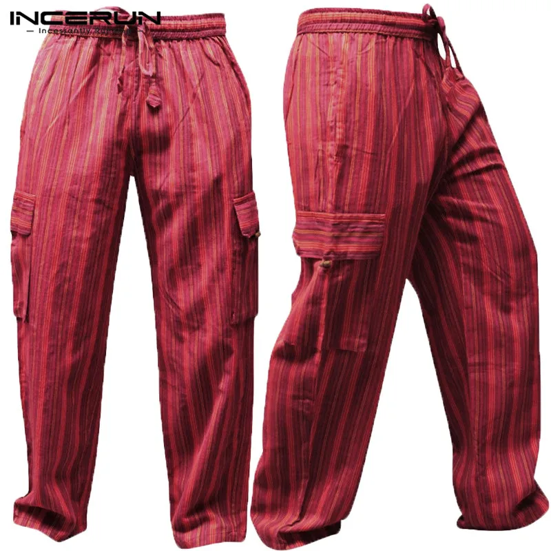 

INCERUN Nepal Striped 5XL Men's Casual Pants 100%Cotton Loose Fitness Wide Legs Baggy Cargo Trousers Multi Pockets Joggers