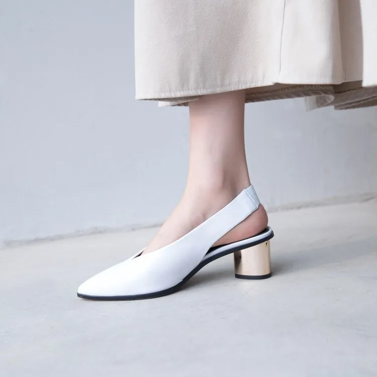 

2018 spring and summer new full leather pointed metal thick with wild single shoes fashion women's sandals.