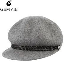 Новинка, осенне-зимние шапки для женщин, одноцветные, шерсть, теплые береты, шапки с цепочкой, повседневная женская кепка Newsboy