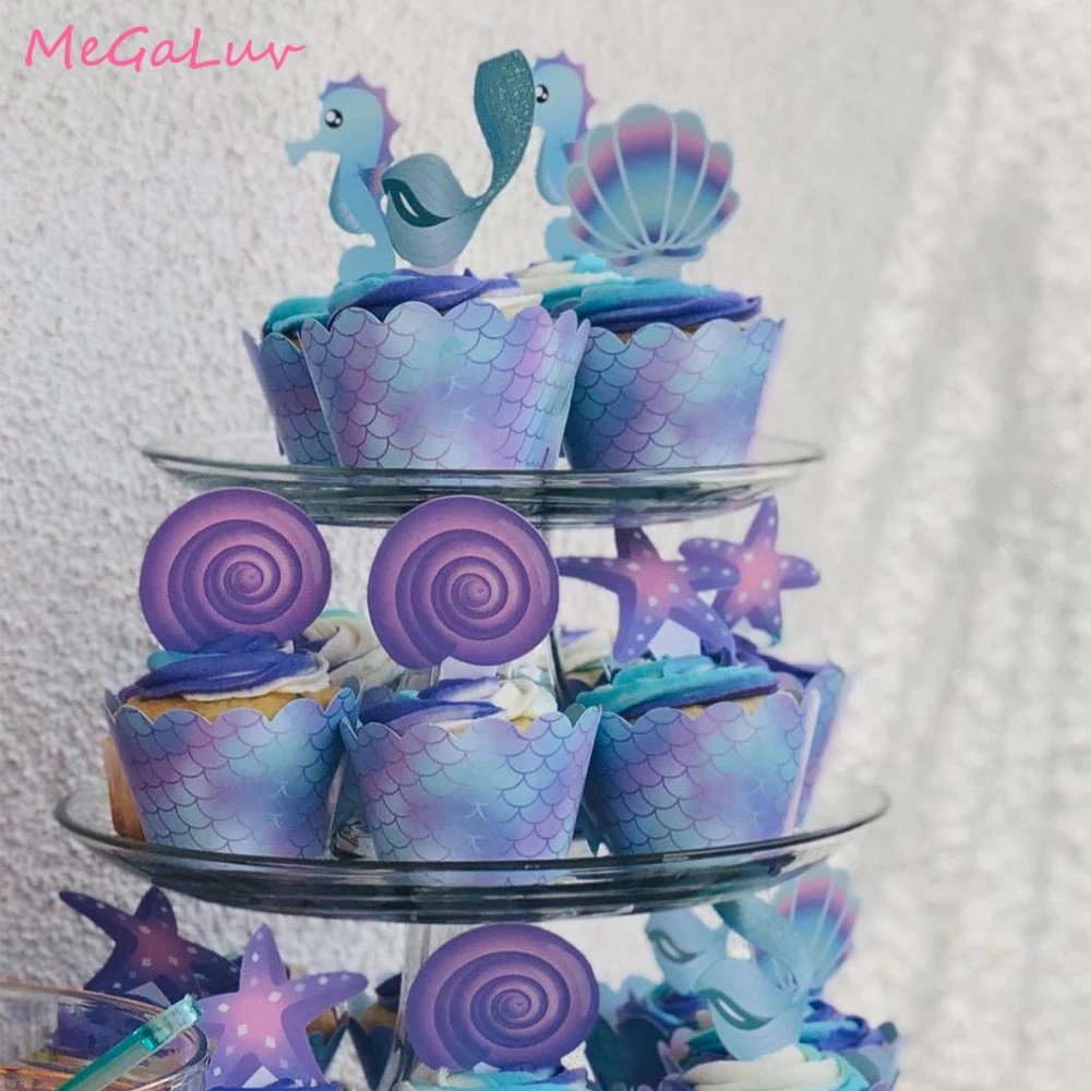 40pcs Birthday Mermaid Party Cupcake Toppers Wrappers Let S Be Mermaids Cake Border Baby Shower Birthday Party Supplies Cake Decorating Supplies Aliexpress