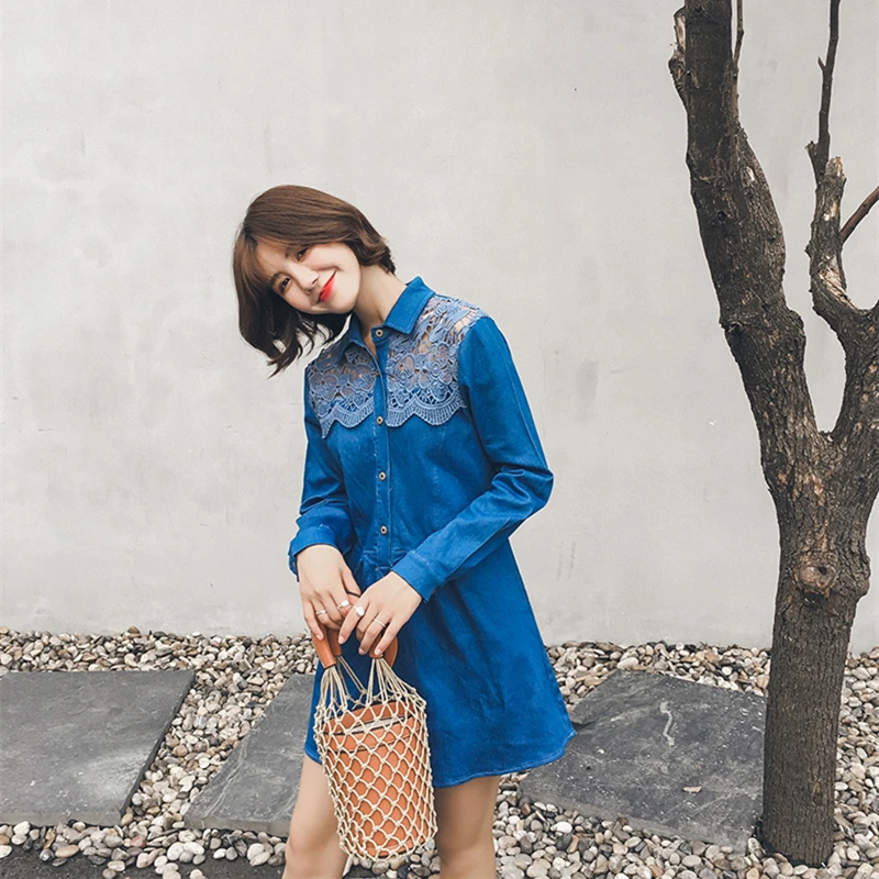 2018 Korean Fashion Autumn Denim Dress Women Hollow Out Crochet Patchwork Lace Dresses Loose Plus Size Dress Mini Vestidos Jeans