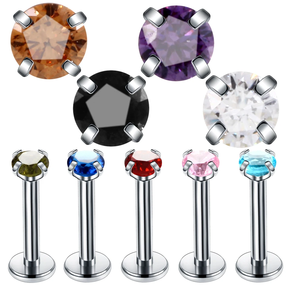 

1PC Steel Crystal Labret Stud Lip Monore Ring Internally Threaded Prong Gem Ear Tragus Helix Orelha Cartilage Piercing Jewelry