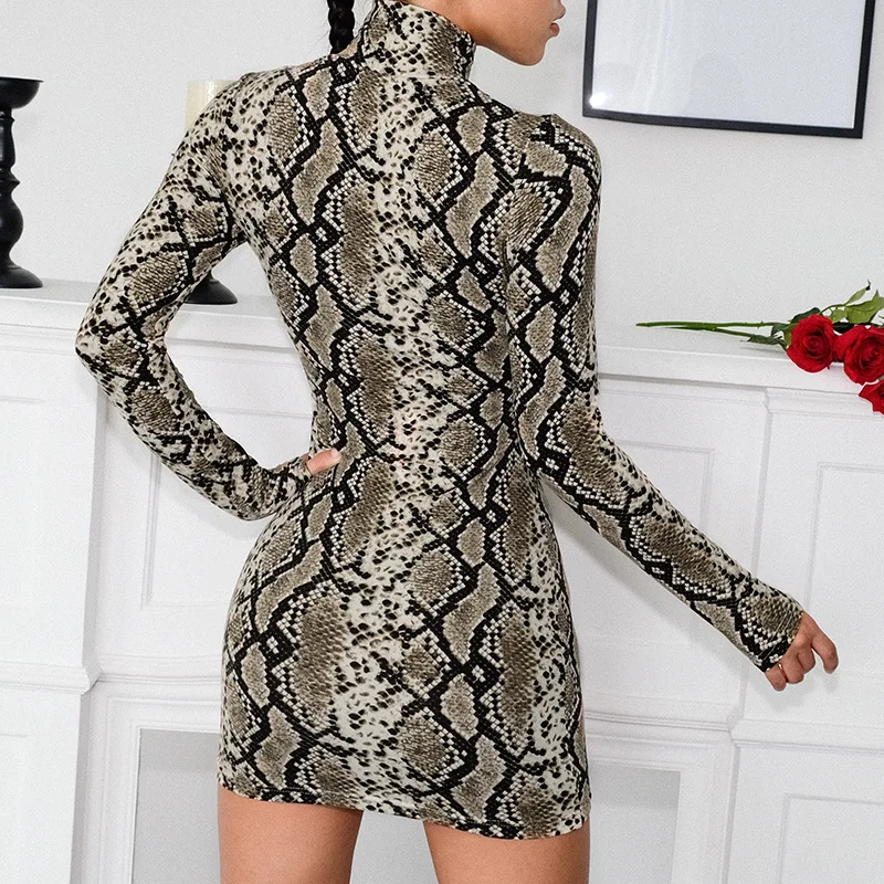 

Spring Snake Print Women Dress Turtleneck Long Sleeve Short Body Dress 2018 Fashion Party Dresses Vestidos New Sheath Mini #327