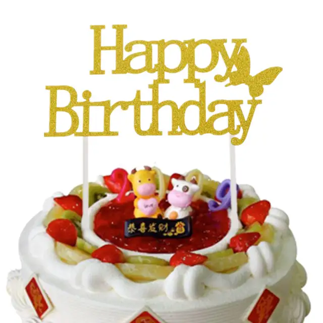 1pc Cake Toppers Happy Birthday Butterfly Cake Flag Gold Black