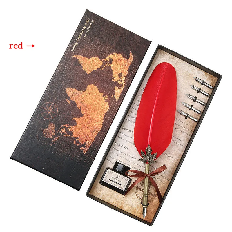 Изысканный ретро перо Dip Ручка Набор деликатная Свадебная подарочная коробка пишущие чернила Перьевая ручка Перо канцелярские принадлежности для творчества ручка - Цвет: Red