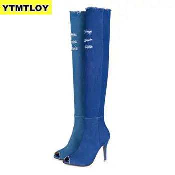 

2019 Peep Toe Fashion Women Boots High Heels Spring Autumn Over The Knee Tight Stiletto Jeans Denim Rome Long Shoes Zip