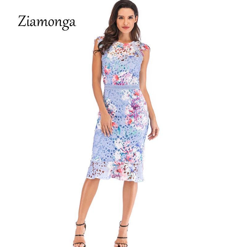 

Ziamonga 2019 Summer Women Floral Lace Dress Hollow Out Elegant Vintage Office Bodycon Female Dress Knee Length Midi Sexy Dress