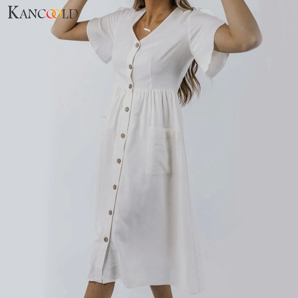 

KANCOOLD dress Women's Summer Casual Party Dresses Short Sleeve Swing Dress Cotton V-Neck Loose fashion new dress women 2019MAY3