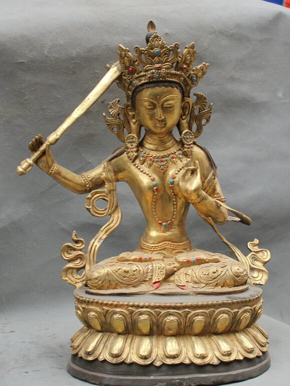 

USPS to USA S2555 16" Tibet Buddhism Bronze Gilt Seat Wenshu Manjushri Boddhisattva Sword Statue B0401