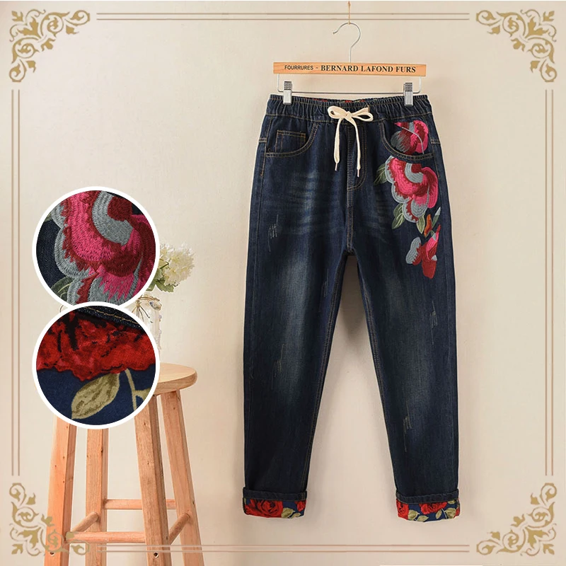 

New Spring Winter Folk Embroidered Flowers Roll Up Hems One side Print Pants Plus Size Jeans Chinese Pattern Style Trousers