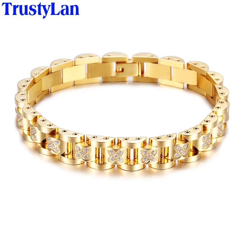 TrustyLan Sales Promotion Fashion Mens Gold Color Stainless Steel Bracelet For Men Luxury CZ ...