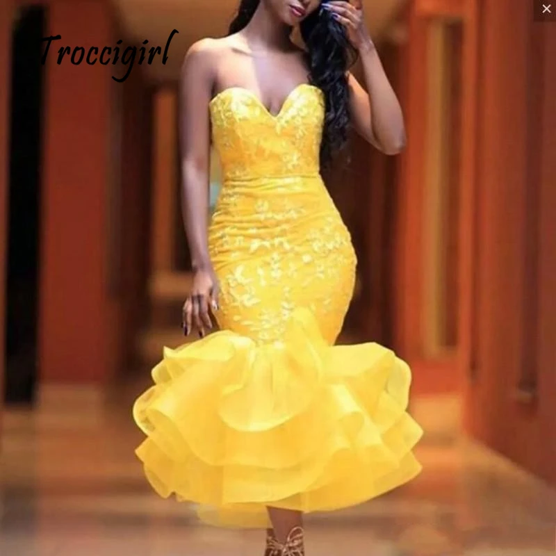 

Hippie Style Yellow Prom Dresses Tea Length African Short Evening Party Dress Ruffle Ruched Bottom Chic Formal Gown Abendkleider