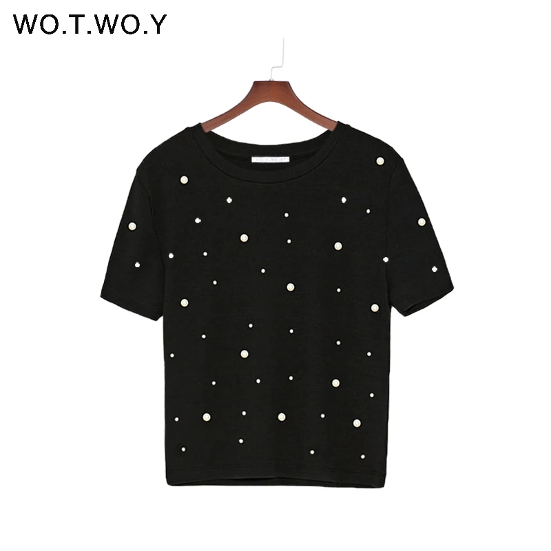 Summer Pearls Beaded Women T-Shirt Cotton Loose Casual Women Tops Black Short Sleeve Ladies O-Neck Tee Shirt High Quality