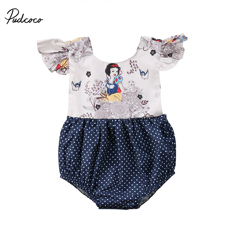 

Lovely Newborn Baby Girl Cartoon Snow White Ruffles Sleeve Patchwork Dot Princess Baby Romper Jumpsuit Outfit Sunsuit Clothes