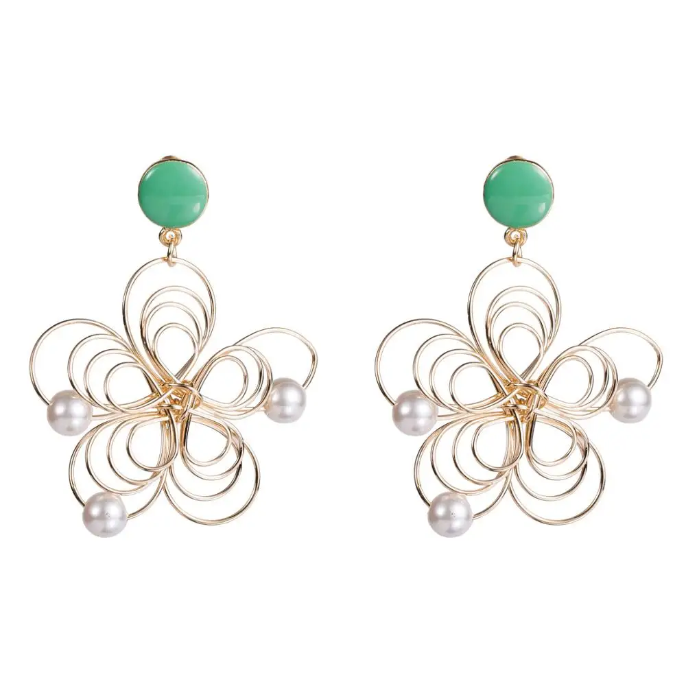 

Fashion Pink Blue Enamel Pearl Drop Earrings for Women Vintage Flower Gold Color Bride Earrings Wedding Jewelry Accessories