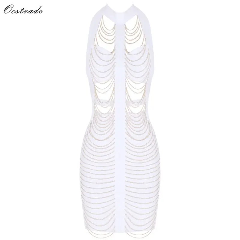 

Ocstrade Black Round Neck Sleeveless Mini Chain Embellished Cut Out High Quality Bandage Dress H0166-Black