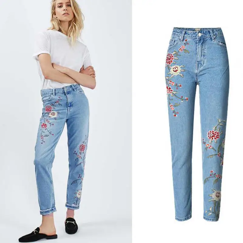 

Europe Women's Ankle-Length Jeans 3D Stereo Front Side Embroidery Slim Jeans Ladies High waist Flowers  Slim Body Pants
