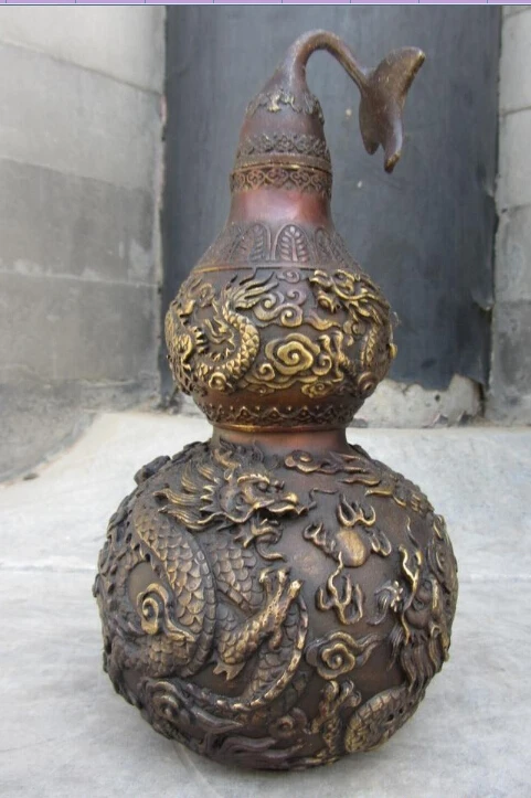 

CH7 China Royal Red Copper Bronze Feng Shui Dragon Play Bead Gourd cucurbit Statue