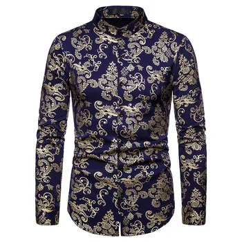 

MarKyi 2019 new luxury gold floral print mandarin collar shirts for men eu size long sleeve party dress shirt men