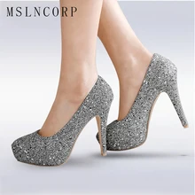 plus size 34-48 Women Pumps Bling High Heels Fashion Pumps Glitter High Heel Shoes Woman Slip On Sexy Wedding Shoes Gold Silver jawakye bling gold silver pumps women sequin high heels metal chain silk ribbon wedding bridal shoes women chaussure femme