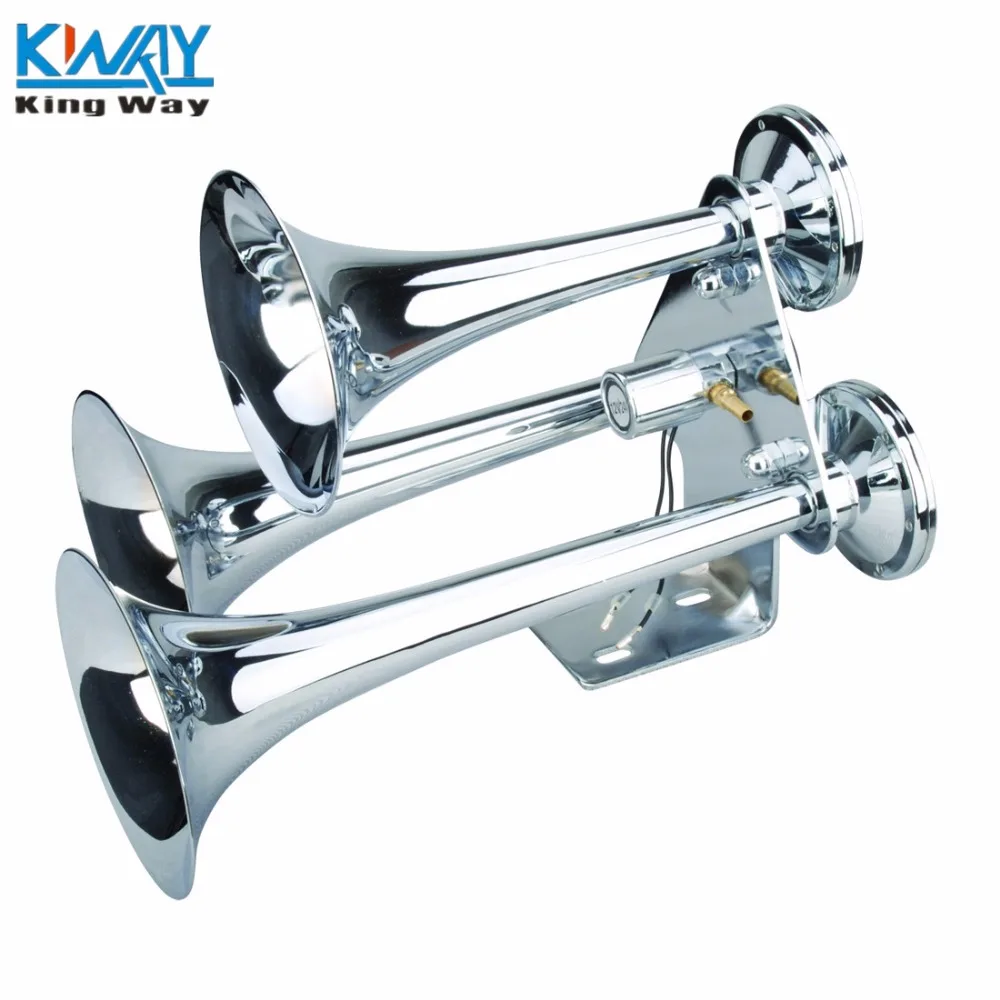 

FREE SHIPPING - King Way - NEW BIG TRIPLE TRUMPET CHROME ELECTRIC AIR HORN 152DB Train Set HUGE LOUD Sound