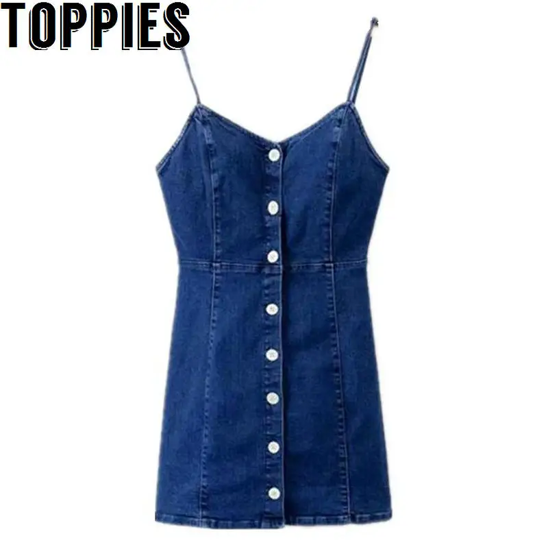 Toppies Women 2019 Summer Blue Denim Dress V-neck Slim Jeans Dress with Buttons Female Mini Dress