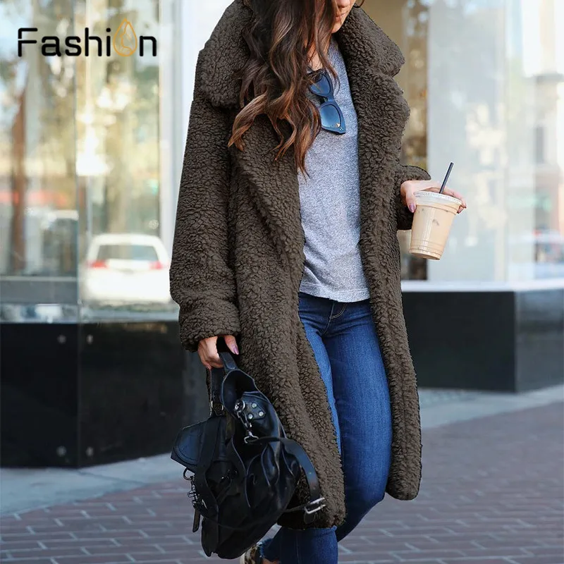 New Year Spring Faux Fur Teddy Bear Coat Jacket Women Fashion Open Stitch Hooded Coats Female Tops Long Sleeve Fuzzy Jackets