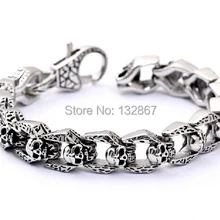 Мужской женский панк готический Эмо Байкер Череп серебряный браслет из нержавеющей стали для подарков на день рождения