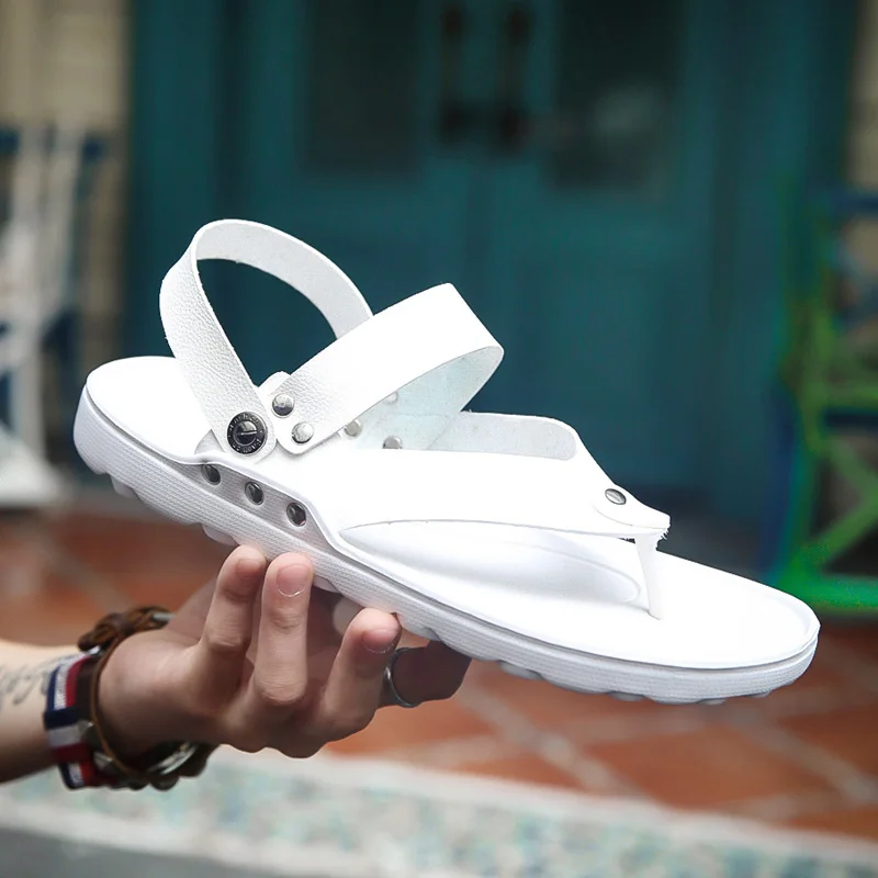 

Summer New Beach Sandals Shoes Fashion Outside Men's Slippers Leisure Concise Leather Flip Flops Sewing Men Balck White Slippers