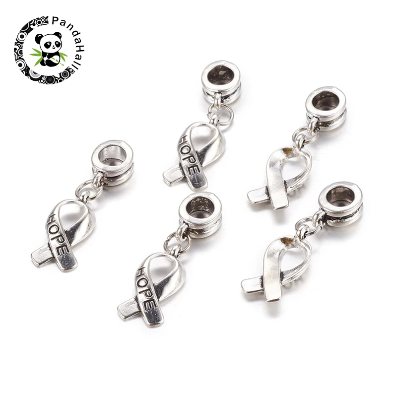 

Jewelry Findings Alloy European Dangle Beads Breast Cancer Awareness Ribbon Carved Word Hope Pendants Antique Silver Color