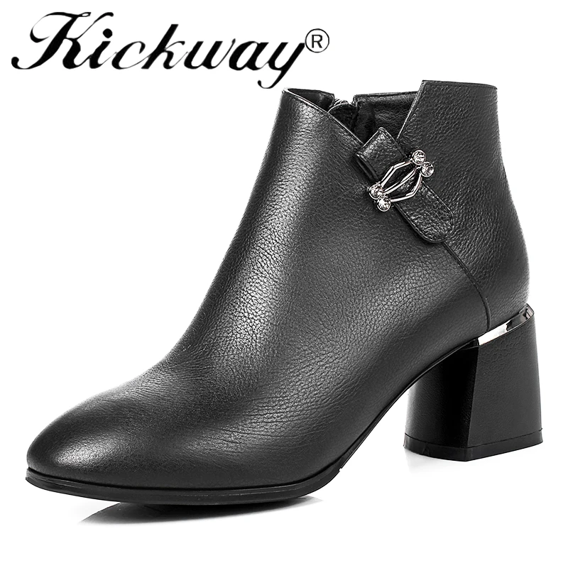 

Kickway High Quality Ankle Boot Soft Cow Leather Women Boots Zipper Short Plush Spring Autumn Boots Plus Size Shoes 34-44 Botas