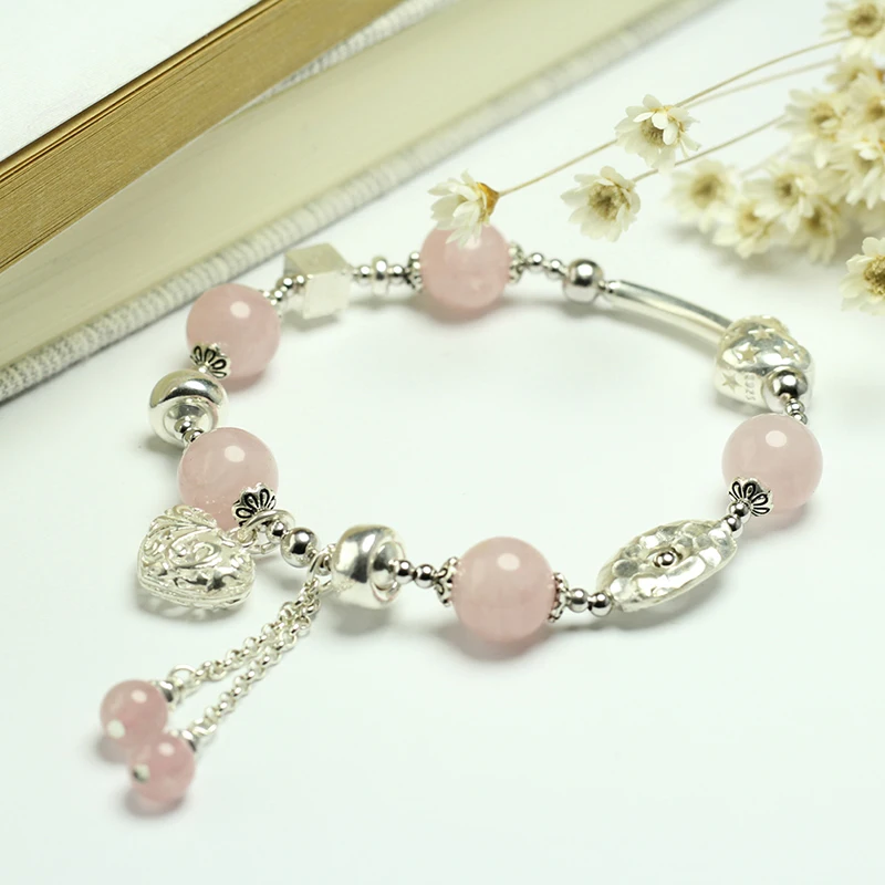 Женский эластичный браслет из серебра 925 пробы с розовым кварцем|bracelet bracelet|bracelet