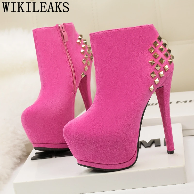 rivet high heel boots botines mujer 2019 pink boots platform ankle ...