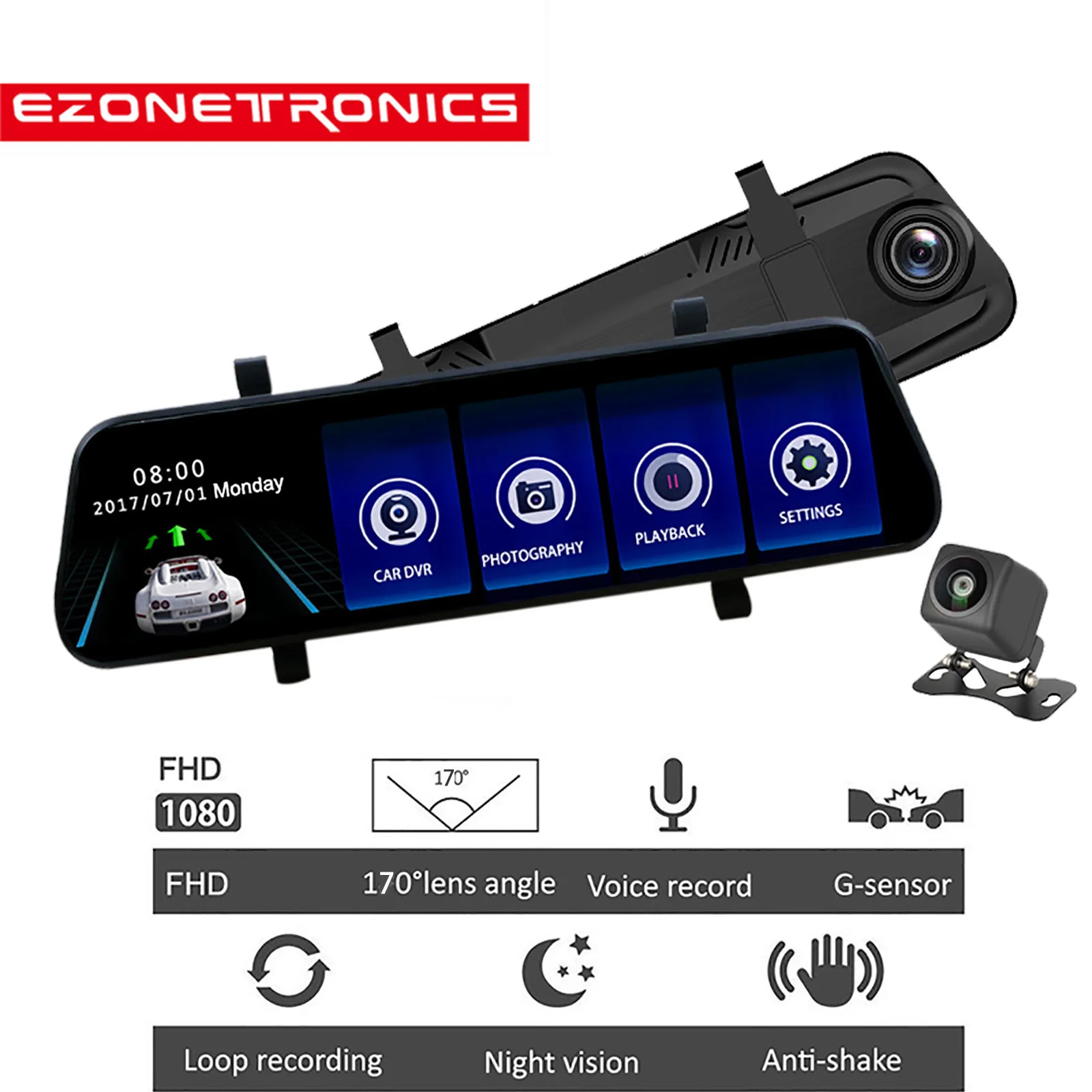 

Car Camera Recorder 9.35" Full Touch Screen HD Mirror Dash Camera Dual Lens Reversing Backup Cam Car DVR with FHD 1080P Front