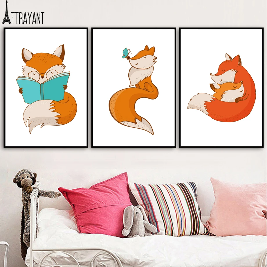 

Cartoon Hand Painted Fox Book Butterfly Wall Art Canvas Painting Nordic Posters And Prints Animal Wall Pictures Kids Room Decor