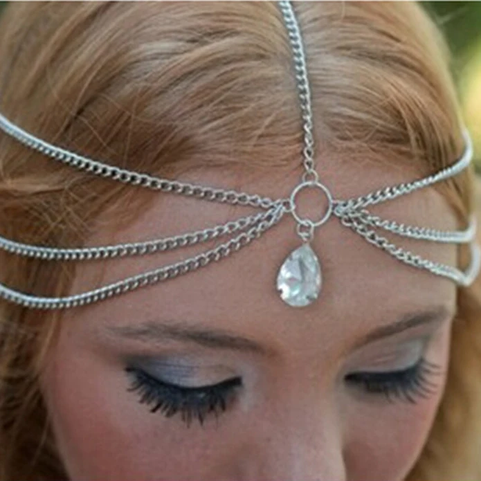 

New Fashion Silver Plated Crystal Head Chain Pieces Women Boho Headpiece Headband Metal Chain Hair Head Jewelry AA020
