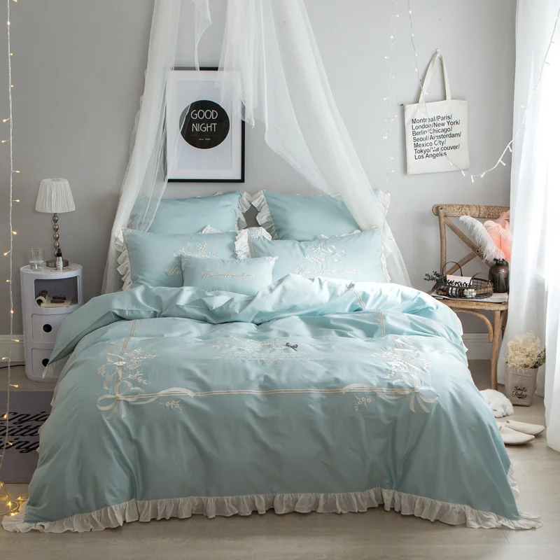 Luxury Blue Egyptian Cotton Oriental Princess Bedding Set Queen