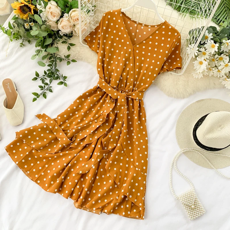 Vintage Polka Dot Print V Neck Ruffles Short Bandage Dress Chiffon Summer Party Women Casual High Waist Beach Dresses