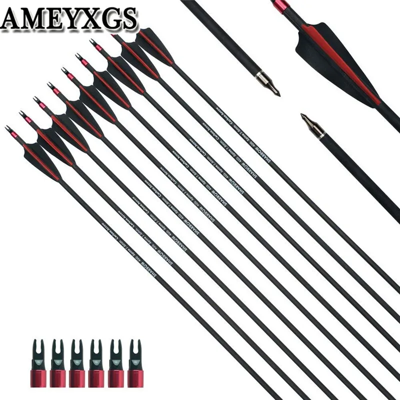 

12Pcs 30" Spine 400 Archery Carbon Arrows Explosion Proof Ring Nocks Replace Broadheads For Outdoor Hunting Shooting Accessories