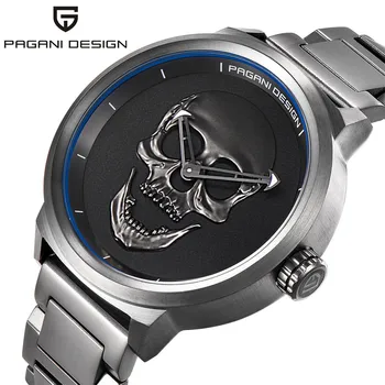 

Luxury PAGANI DESIGN Brand Steampunk 3D Skull Men Watches Quartz Aviator 3ATM Waterproof Wristwatch Stainless Steel Band Clock