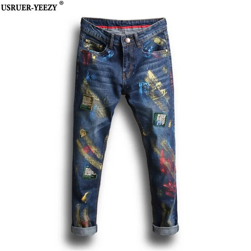 USRUER YEEZY 2017 Biker Jeans Men With Patch Skinny Famous Designer