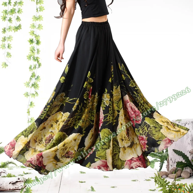 

Bohemian Spring Summer Plus Size 6XL Vintage Casual Black Printing Chiffon Big Flower Large Hem female Maxi Long Skirts Womens