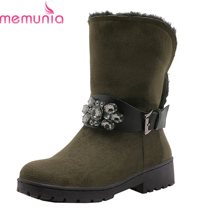 

MEMUNIA 2019 big size 33-43 ankle boots for women flock keep warm winter snow boots buckle crystal fashion square heels shoes