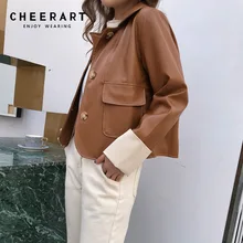 Байкерская куртка Cheerart, коричневая кожаная женская куртка, осень, черное пальто из ПУ кожи, байкерская куртка из искусственной кожи, модная