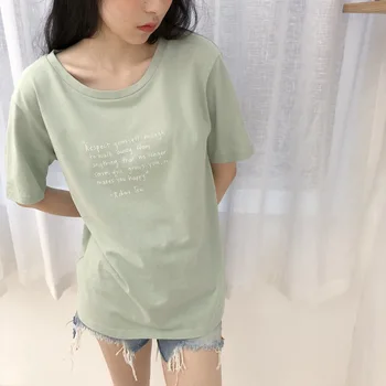 

Summer Korean Women O-neck T-shirt Simple Letter Print Tops Vintage Girls Loose Short Sleeve Blank Basic Ladies Tshirts Female