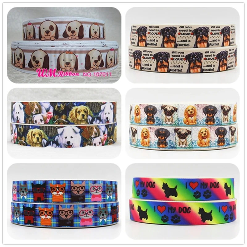 

Q&N ribbon 16mm 22mm 25mm 38mm 50mm 75mm cartoon dog printed grosgrain ribbon webbing 50yards/roll for hair tie free shipping